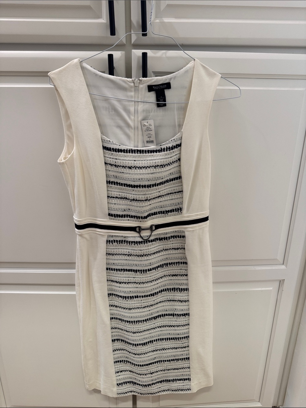 White House Black Market Cream and Black Striped Front Sheath Dress